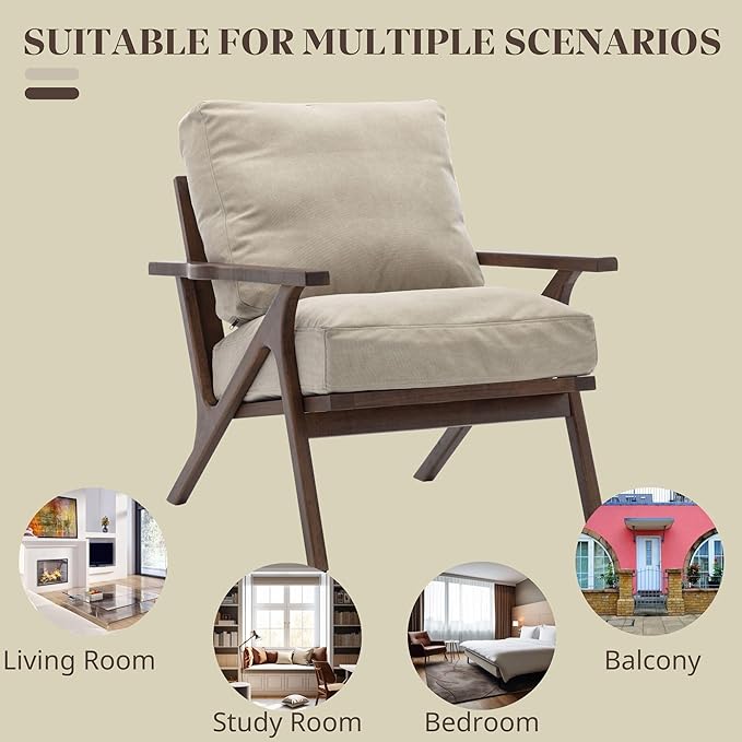 Wahson Set of 2 Mid Century Chair, Upholstered Accent Armchairs, with Wood Frame and Canvas Cushions, Leisure Slipper Chair for Living Room/Bedroom, Beige