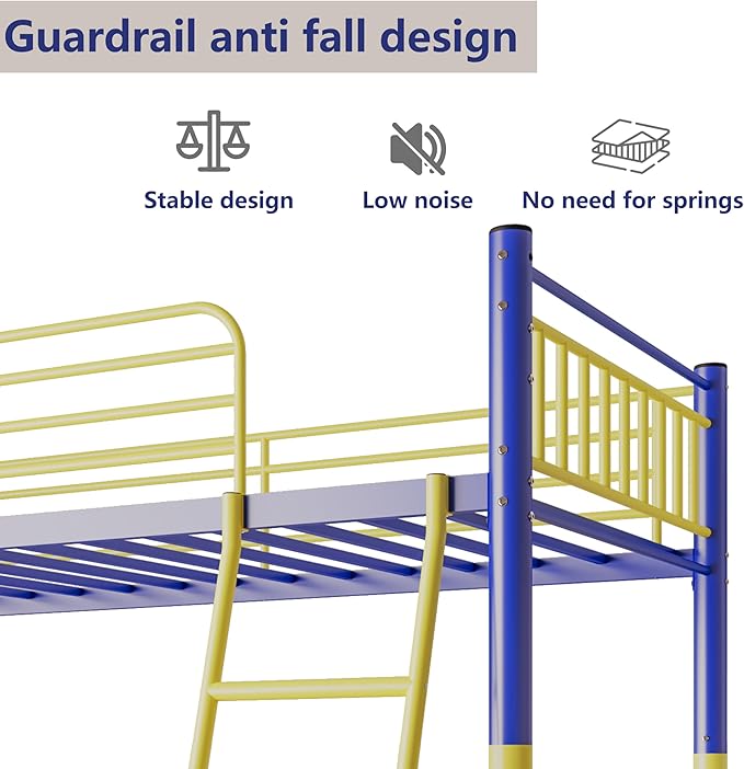 Metal Bunk Bed Twin Over Twin,Loft Bed with Removable Ladder and Full-Length Guardrail,Twin Bunk Beds Frame Heavy Duty Metal Slat Support for Adults, Kids and Young Teens