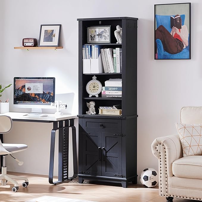 72in Tall Bookshelf 7 Tier Bookcase with Drawer and Barn Doors and Adjustable Shelves, Black Farmhouse Book Shelf with Storage Cabinet, Wood Freestanding Display Bookshelves for Kitchen (2PCS)
