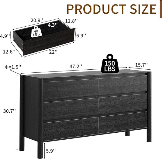 CHUWELL Dresser for Bedroom, 47" Wide Mid Century Chest of Drawers with 7 Large Storage Space and 4 Solid Wood Cylindrical Legs, 7 Drawer Large Dresser for Bedroom(Black)