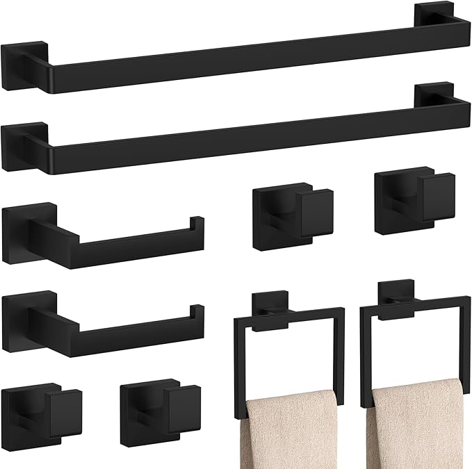 10-Pieces Matte Black Bathroom Accessories Set, 23.6 Inch Bath Towel Bar Set, SUS 304 Stainless Steel Bathroom Hardware Set, Towel Racks for Bathroom Wall Mounted.