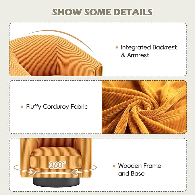360Β° Swivel Accent Chairs Set of 2, Modern Bucket Chair, Corduroy Barrel Armchair, Comfy Boucle Chair, Single Sofa for Living Room Bedroom. Orange