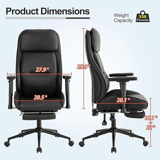 Ergonomic Home Office Chair with Footrest,Modern Faux Leather Reclining Chair,High Back Video Game Executive Computer Chairs with Adjustable Armrest & Lumbar Support,360°Swivel (Black)
