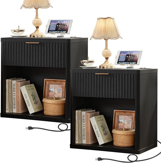 LEYAOYAO Fluted Farmhouse Nightstand Set of 2 with Charging Station, 23" Wide 1 Drawers End Table,Black Dresser for Bedroom,Bed Side Table Chest of Drawers Cabinet,Wood Night Stand for Living Room