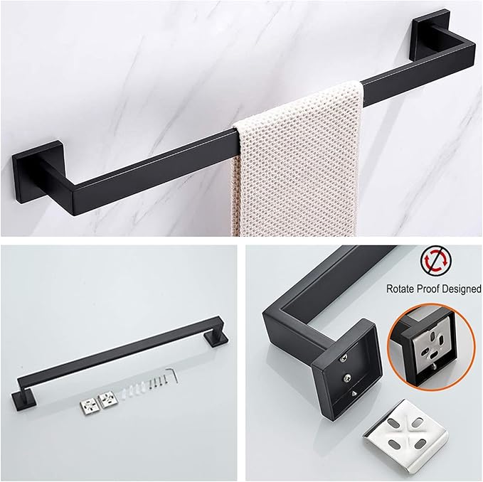 Bathroom Hardware Set Bathroom Accessories Set SUS304 Towel Bar Set Includes Towel Bar Inch+Towel Holder+Toilet Paper Holder+Towel Hook (10, Matte Black-Paper Holer with Cover+Towel Ring)
