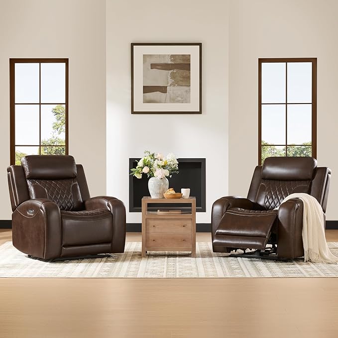 CHITA Genuine Leather Recliner Chair for Adults with Adjustable Power Headrest, Lay Flat Power Recliner with Slide-Out Cupholders & USB/Type-C Ports, Living Room Chair, Brown
