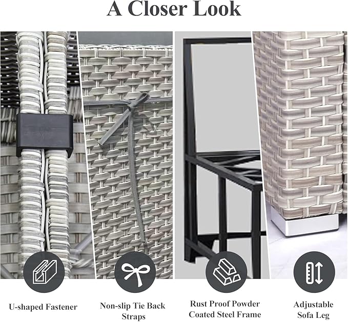 6-Piece Patio Furniture Set, Outdoor Extra Wide Armrest Modular Patio Sofa, Dual-Strand Rattan Wicker, Rust-Resistant Frame, Backyard High Back, Large Seat Furniture for Porch Garden Balcony, Grey