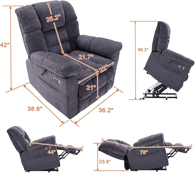 Triple Motor Power Lift Recliner Chair with Massage and Dual Heat for Elderly People, Zero Gravity Lay Flat Recliner Infinite Position, USB Ports(Grey)