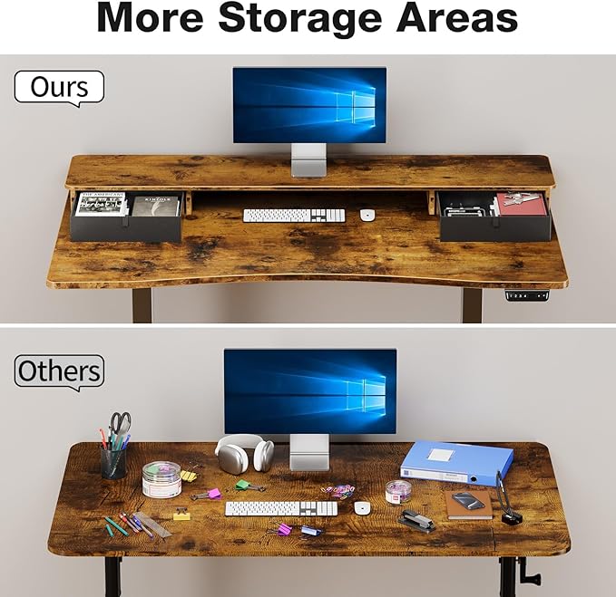 Veken 47.2"×27.6" Standing Desk with Storage Drawers, Adjustable Height Computer Table with Monitor Shelf, Home Office Desk for Study, Gaming, Workstation, Brown