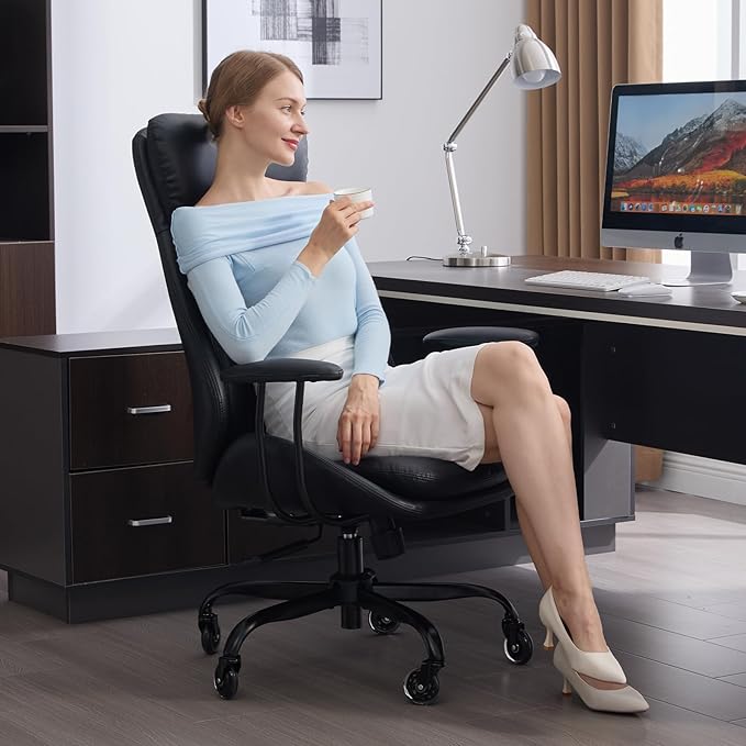 Home Office Desk Chair, PU Casters Ergonomic Computer Chair with Lumbar Support, Adjustable Height, 360°Rolling Swivel Chair, High Back Executive Task, Padded Armrests Chair, Black Leather