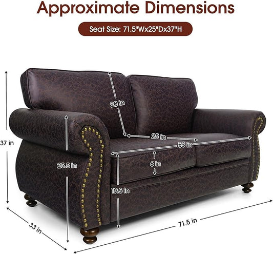 Mid-Century Vintage Sofa Couches with Rivet Design,loveseat Sofa,Removable Sofa Cover Upholstered Cushions and Solid Wood Frame (Brown, Loveseat)