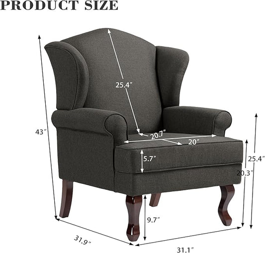 Pia Ricco High Back Floral Accent Chair, Upholstered Fabric Armchair with Solid Wood Legs - Retro Living Room Reading Chair, Comfortable Single Sofa Seat-Charcoal Grey