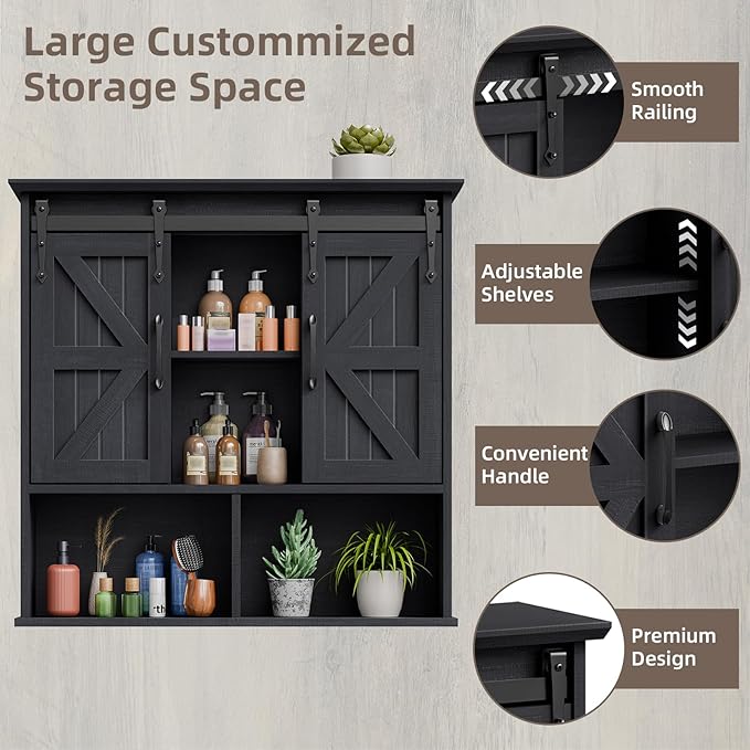 Vabches Bathroom Wall Cabinet, Farmhouse Medicine Cabinet with Double Sliding Barn Door and Adjustable Shelves, Wooden Vintage Storage Cabinet Wall Mounted for Bathroom, Kitchen Dining, Black