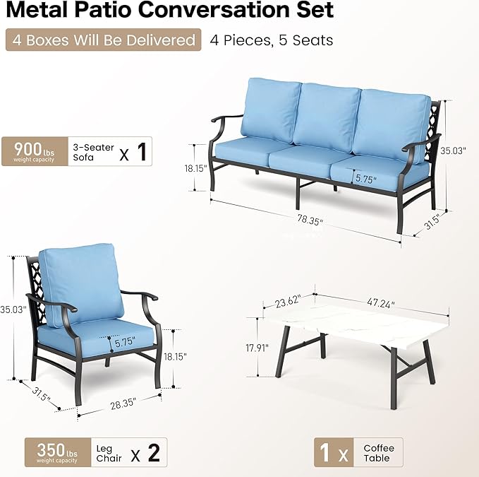 4 Piece Metal Outdoor Patio Furniture Sets, Patio Conversation Sets 1 3-seater Sofa, 2 Fixed Chair with 5.75" Extra Thick Cushion and Coffee Table, Black Frame Backyard Furniture, Blue