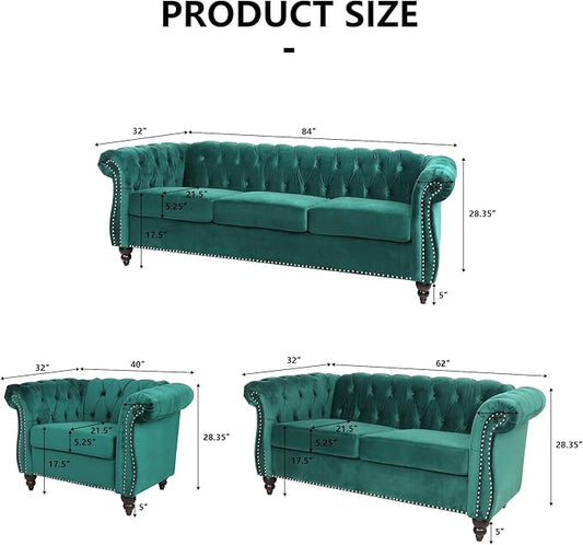 Velvet Loveseat Sofa, Mid Century Modern Upholstered Couch, 62" Oversized Comfy 2 Seater Love Seat Couch with Cushions, Tufted Chesterfield Sofa for Living Room, Bedroom, Apartment (Green)
