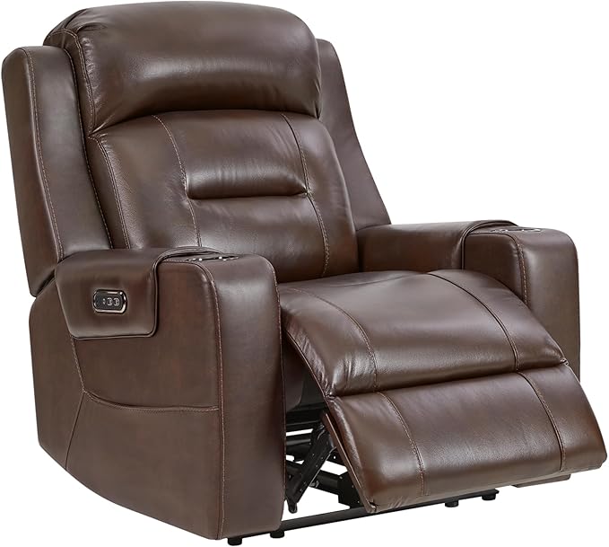 Watson & Whitely Genuine Leather Power Recliner Chairs for Adults, Lay Flat Recliner with Power Headrest, USB Ports and Cup Holders, Electric Reclining Sofa for Living Room, Bedroom, Dark Brown