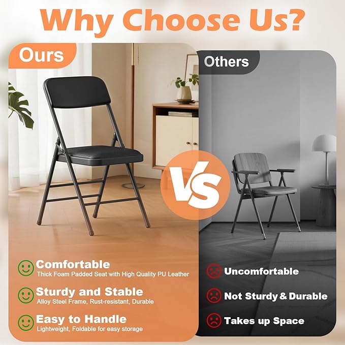 Commercial Grade Folding Chair with Padded Fabric Cushion(16"X16" |Double-hinged Legs Luxury Style|4.5kg Capacity Max Weight 150Kg for Home and Office,Indoor and Outdoor Events (2, PU-Black)