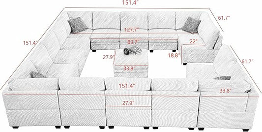 Wanderwell Oversized Modular Sectional Sofa, 16-Seater U Shaped Couches with Movable Ottoman,Corduroy Sectional Couch with Wide and Deep Seats Suitable for Living Room,Bedroom,Apartment (Grey, U-16)