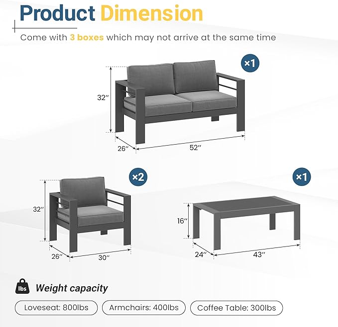 Wisteria Lane 4-Piece Outdoor Patio Furniture Set, Outdoor Sectional Furniture with Upgraded Cushions, Outdoor Conversation Seating Set for Balcony, Garden, Deck, Backyard, Grey