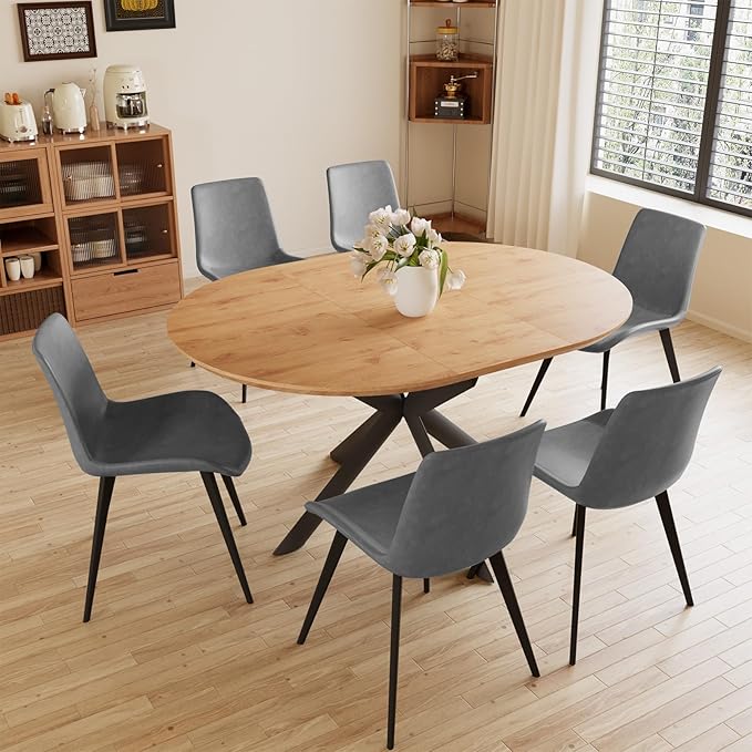43.2"-59.1" Extendable Round Dining Table Set of 7, Round Kitchen Table with Thickened MDF Board, Oak Coffee Table,Steel Legs