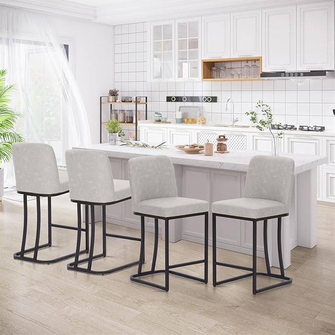 Sophia & William Bar Stools, Counter Height 24" Counter Stools for Kitchen Island, Modern PU Leather Bar Stools with Backrest,Light Grey,1PC