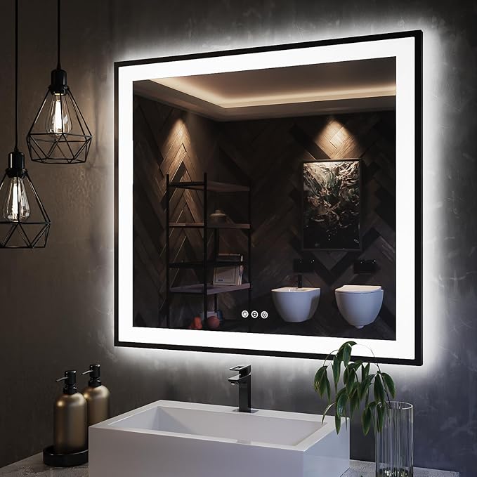 ISKM Framed LED Mirror for Bathroom 36"x36", Dimmable LED Bathroom Mirror with Lights, Anti-Fog, Front and Backlit Lighted Mirror 3-Colors, Shatterproof, Memory Function