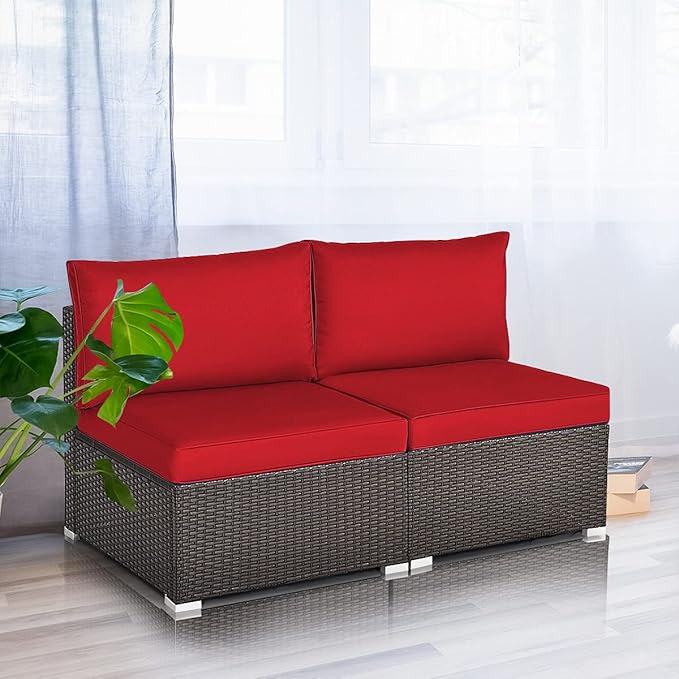 COSTWAY 2PCS PE Rattan Armless Sofa, Wicker Patio Conversation Set Chairs with Soft Cushion, Outdoor Sectional Furniture for Yard, Poolside (Red)