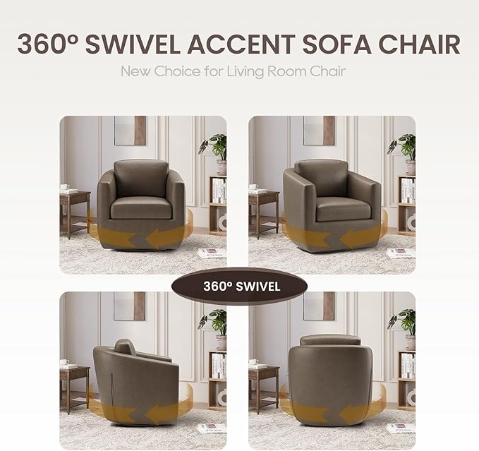 COLAMY 360° Swivel Accent Chair Set of 2 with Pillow, Leather Living Room Armchair No-Sag Foam & Sturdy Metal Base, Fully Assembled Swivel Single Sofa for Bedroom Living Room, Reading Room, Wolf Grey