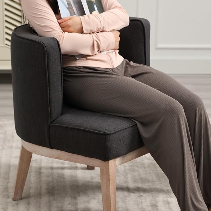 Accent Arm Chair with Wood Legs, Comfy Barrel Side Chair Linen Upholstered Reading Chairs with Back for Living Room Bedroom, Charcoal