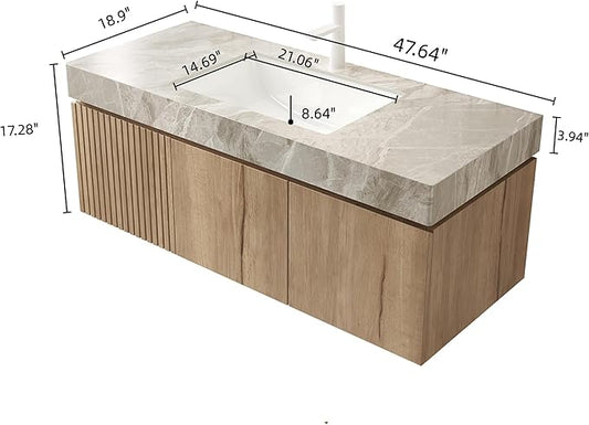 48 Inch Floating Bathroom Vanity with Sink, Wall-Mounted Bathroom Vanity with Drawer and 2 Doors, Light Gray Sintered Stone Countertop and Ceramic Basin, Pre-Assembled, White Oak Woodgrain