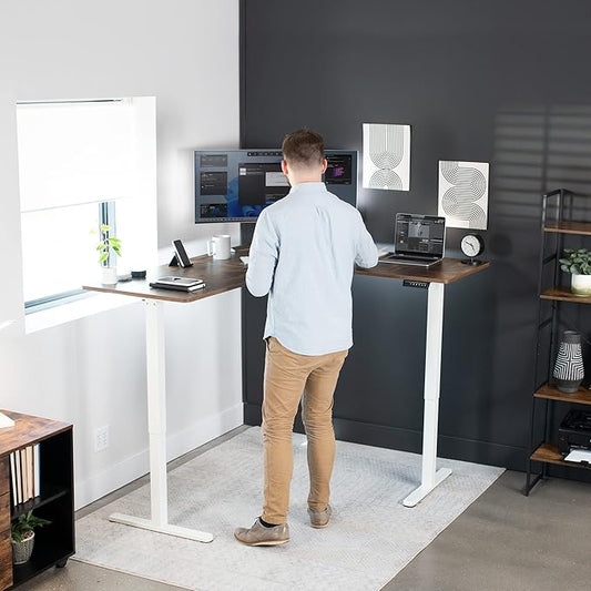 VIVO Corner Standing Desk, 63 x 55 inch Reversible L-Shaped Workstation, Electric Height Adjustment, Home, Office, and Reception Rooms, Rustic Vintage Brown Table Top White Frame, DESK-E3CTWN