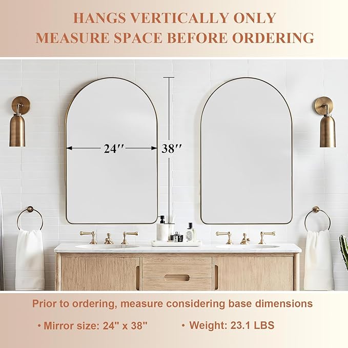 ANDY STAR Arched Mirror, 24 x 38 Inch Gold Vanity Mirror in Stainless Steel Metal Frame, Arch Top Rounded Corner 1 Inch Deep Set Design Wall Mount Hangs Vertical