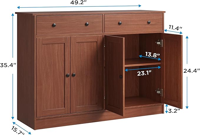 49" Brown Buffet Cabinet with Doors & Drawers, Modern Kitchen Storage Sideboard, Coffee Bar Console for Dining Room, Living Room, Entryway