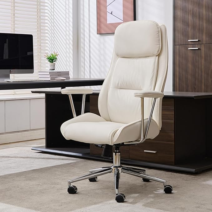 High Back Office Desk Chair,Ergonomic Reclining Office Chair,Modern Swivel Computer Chair,Conference Room Chairs,Cream White Leather Chair with Lumbar Support,330lbs