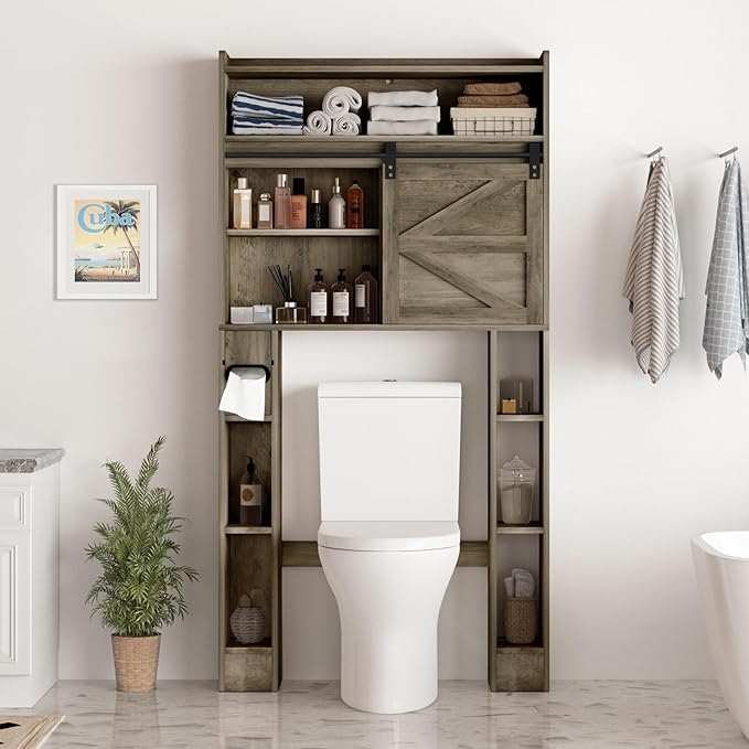 Over The Toilet Storage Cabinet, 32.5'' Wide Bathroom Storage Cabinet with Sliding Barn Door, Freestanding Over Toilet Storage Shelf, Grey