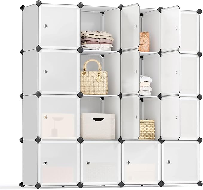 SONGMICS Cube Storage Organizer, Set of 16 Plastic Cubes, Closet Storage Shelves, DIY Plastic Closet Cabinet, Modular Bookcase, Shelving with Doors for Bedroom, Living Room, White ULPC44BSV1