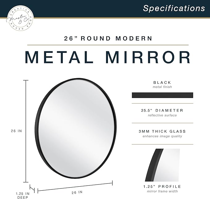 MCS Master & Co. 26in Round Metal Black Mirror, Modern Wall Hanging Large Mirror for Bathroom, Bedroom & Livingroom