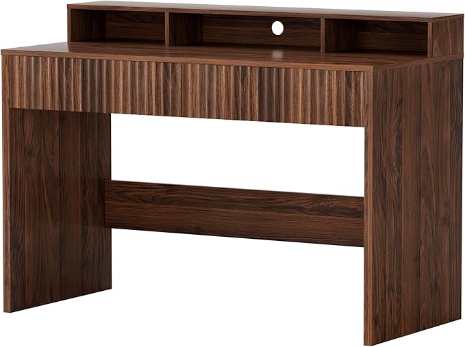 Fluted Executive Desk with Storage Shelf, 47" Modern Wood Home Office Desk with Long Monitor Stand & 2 Drawers, Writing Study Computer Table Vanity Desks, Brown