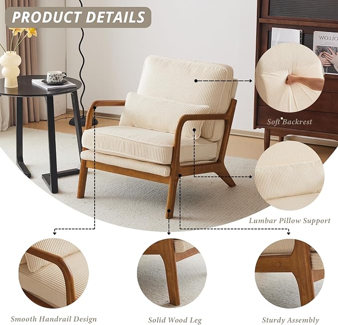 Karl home Mid-Century Modern Accent Chair, Living Room Chairs with Pillow Corduroy Upholstered Lounge Armchair with Solid Wood Frame & Soft Cushion for Bedroom, Reading Room, Beige