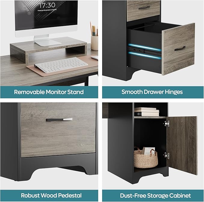 Bestier L Shaped Desk with File Drawers, 63" x 47" Office Computer Desk with Storage Cabinet, Corner Desk with Monitor Stand & Modesty Panel for Home Office, Gray