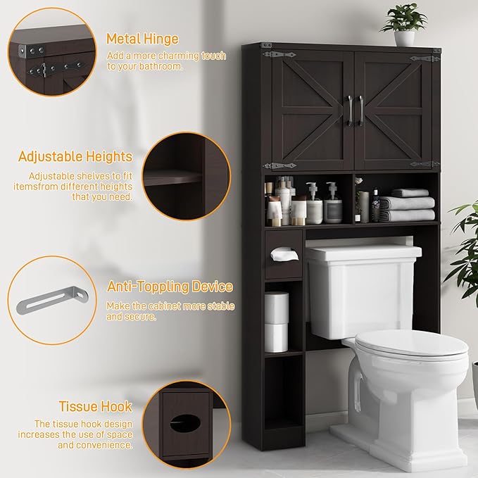 Vabches Over The Toilet Storage Cabinet, Farmhouse Storage Cabinet Over Toilet with 2 Barn Doors & Toilet Paper Holder Stand,Home Space-Saving Toilet Rack, for Laundry, Restroom, Bathroom.Walnut