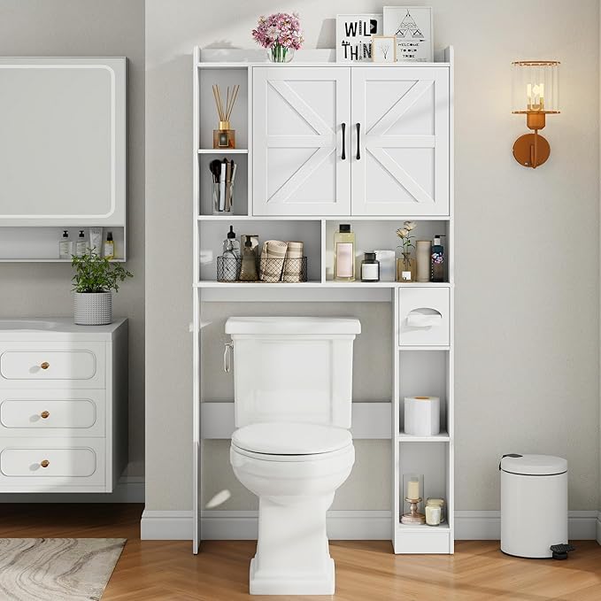 Vabches Over The Toilet Storage Cabinet, Farmhouse Storage Cabinet Over Toilet with 2 Barn Door & Toilet Paper Holder Stand,Home Space-Saving Toilet Rack, for Bathroom, Restroom, Laundry