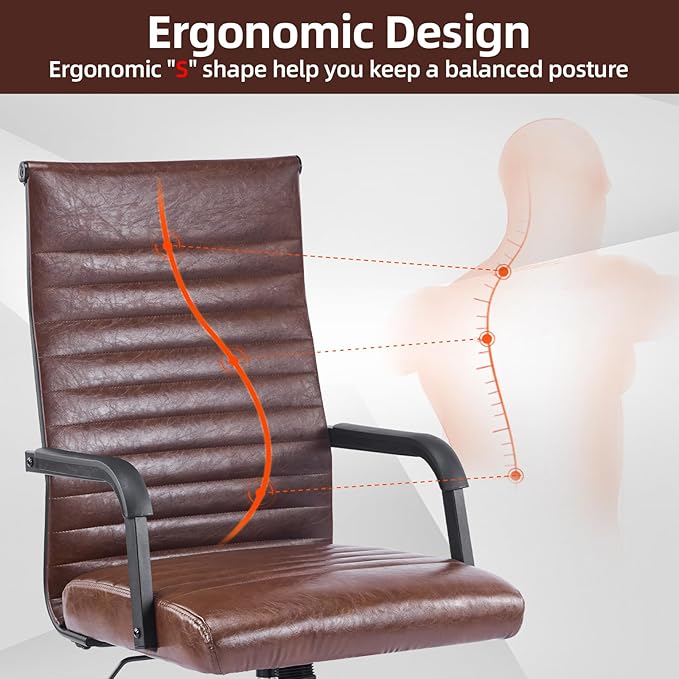 Office Chair, Ergonomic Executive Conference Room Chairs, Ribbed Leather Desk Chair with Lumbar Support, Adjustable Height Mid-Back Swivel Chair with Padded Seat and Square Tube Armrests