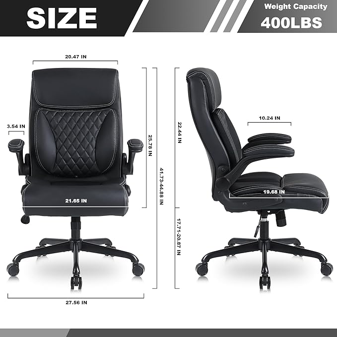 Youhauchair Executive Office Chair, Ergonomic PU Leather Computer Desk Chair with Lumbar Support, Flip-up Armrests and Adjustable Height, for Home Office, Black
