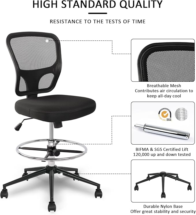 Armless Drafting Chair Tall Office Chair Adjustable Height High Back Ergonomic Desk Chair Drafting Stool Rolling Bar Stools Chairs with Footrest and Wheels