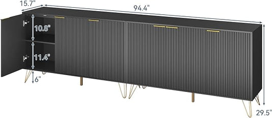 Storage Cabinet Set of 2, Black Fluted Cabinet with Adjustable Shelves, Modern Coffee Bar for Kitchen, Living Room and Office