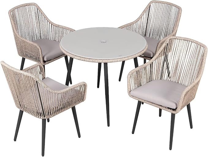 JOIVI 5 Piece Outdoor Dining Set, Wicker Patio Furniture Dining Table and Chairs Set with Cushions for 4 People, Tempered Glass Tabletop with 2.16” Umbrella Hole, for Lawn, Backyard, Garden