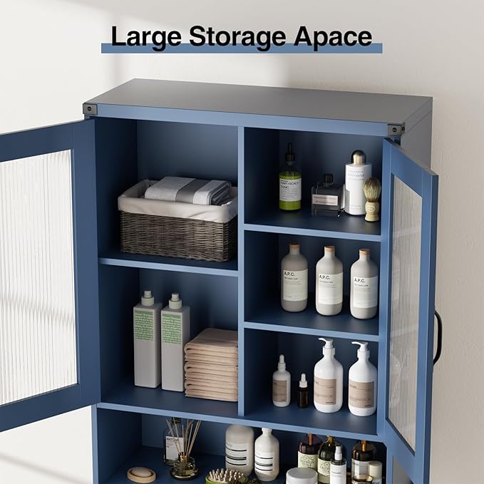 Over The Toilet Storage Cabinet with Tempered Glass Doors and Adjustable Shelf, Bathroom Organizer with Metal Stand Space Saver Over Toilet , Modern Toilet Rack for Bathroom, Restroom, Laundry, Blue