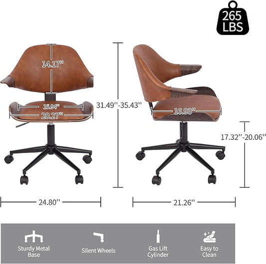 Art Leon Mid Century Desk Chair - Faux Leather Upholstered Swivel Desk Chair, Office Chair with Wheels, Adjustable Height Task Chair with Metal Base, Dark Gray Oak Bentwood, Brown