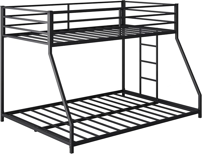 Bellemave Twin Over Full Bunk Bed Frame with Convertible Ladder, Heavy Buty Floor Bunk Bed Twin Over Full Bunk Beds with Full Length Guardrail, Black